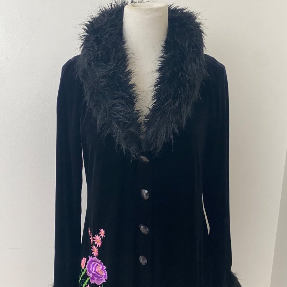 Vintage Betsey Johnson Velvet Floral Faux Fur Duster Jacket - Picture 3 of 13